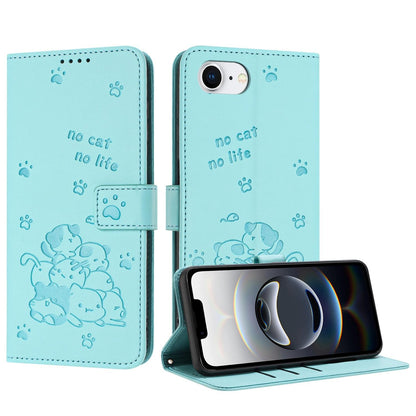 Apple iPhone 17e Embossed Kitten PU Leather Wallet Case with Card Slots, Cash Pocket, Kickstand Function, Wrist Lanyard Strap, Full Protective TPU Flip Cover