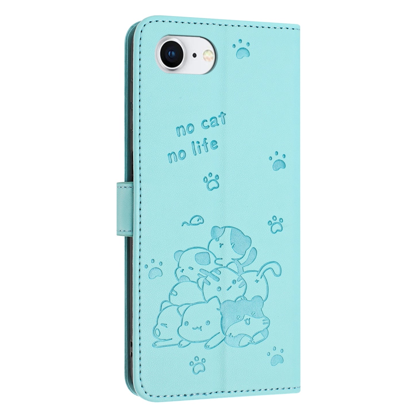 Apple iPhone 16e Embossed Kitten PU Leather Wallet Case with Card Slots, Cash Pocket, Kickstand Function, Wrist Lanyard Strap, Full Protective TPU Flip Cover