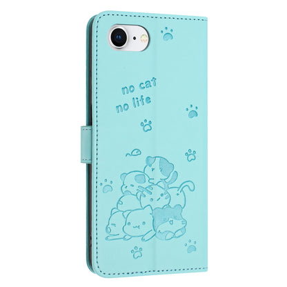 Apple iPhone 16e Embossed Kitten PU Leather Wallet Case with Card Slots, Cash Pocket, Kickstand Function, Wrist Lanyard Strap, Full Protective TPU Flip Cover