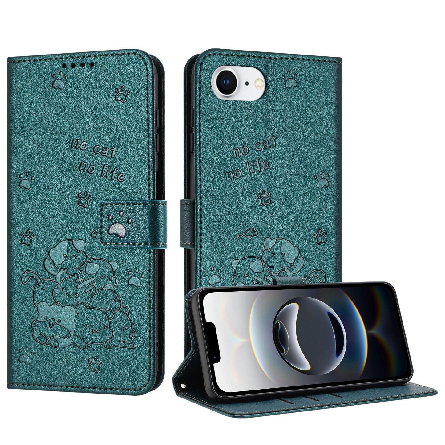 Apple iPhone 17e Embossed Kitten PU Leather Wallet Case with Card Slots, Cash Pocket, Kickstand Function, Wrist Lanyard Strap, Full Protective TPU Flip Cover