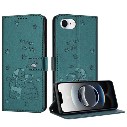 Apple iPhone 16e Embossed Kitten PU Leather Wallet Case with Card Slots, Cash Pocket, Kickstand Function, Wrist Lanyard Strap, Full Protective TPU Flip Cover