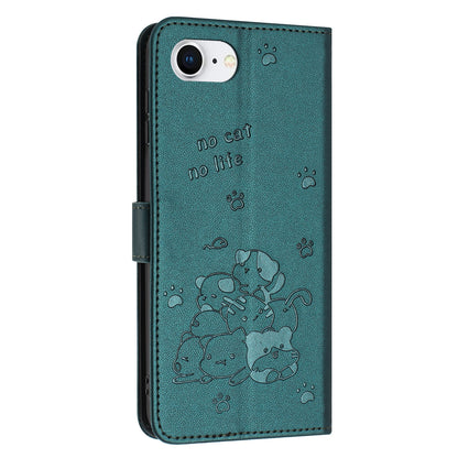 Apple iPhone 16e Embossed Kitten PU Leather Wallet Case with Card Slots, Cash Pocket, Kickstand Function, Wrist Lanyard Strap, Full Protective TPU Flip Cover