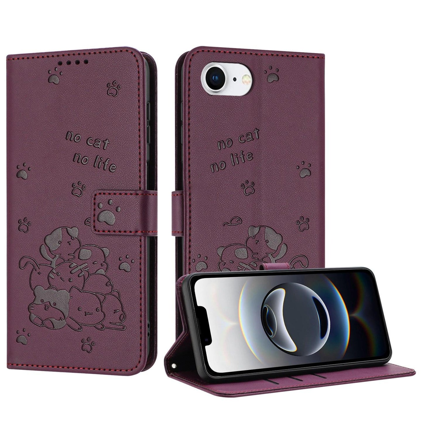 Apple iPhone 17e Embossed Kitten PU Leather Wallet Case with Card Slots, Cash Pocket, Kickstand Function, Wrist Lanyard Strap, Full Protective TPU Flip Cover