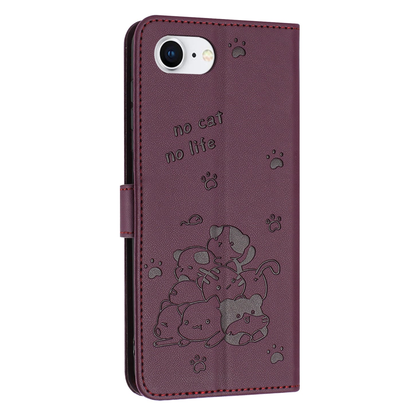 Apple iPhone 17e Embossed Kitten PU Leather Wallet Case with Card Slots, Cash Pocket, Kickstand Function, Wrist Lanyard Strap, Full Protective TPU Flip Cover
