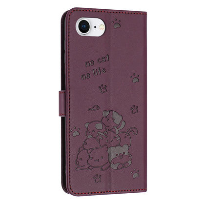 Apple iPhone 16e Embossed Kitten PU Leather Wallet Case with Card Slots, Cash Pocket, Kickstand Function, Wrist Lanyard Strap, Full Protective TPU Flip Cover