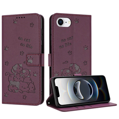 Apple iPhone 16e Embossed Kitten PU Leather Wallet Case with Card Slots, Cash Pocket, Kickstand Function, Wrist Lanyard Strap, Full Protective TPU Flip Cover
