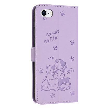 Apple iPhone SE 2022 Embossed Kitten PU Leather Wallet Case with Card Slots, Cash Pocket, Kickstand Function, Wrist Lanyard Strap, Full Protective TPU Flip Cover