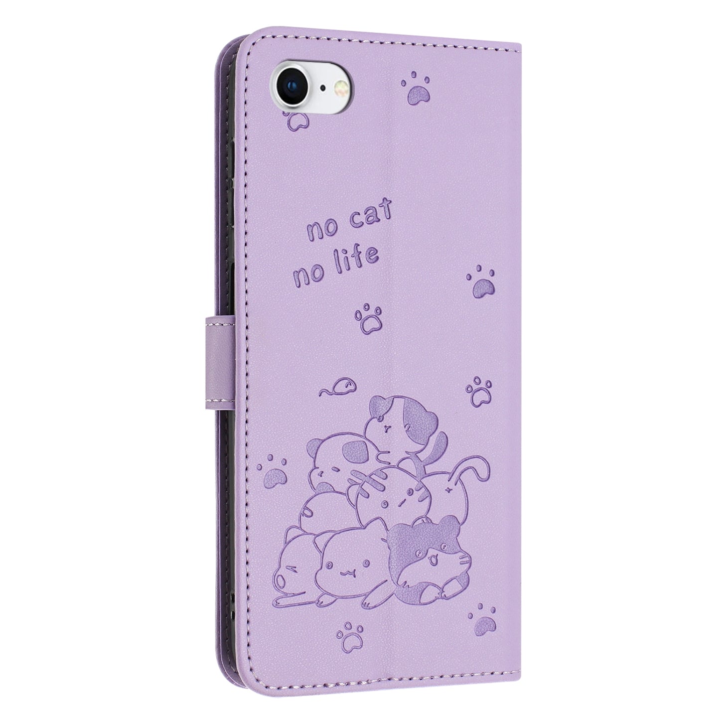 Apple iPhone SE 2020 Embossed Kitten PU Leather Wallet Case with Card Slots, Cash Pocket, Kickstand Function, Wrist Lanyard Strap, Full Protective TPU Flip Cover
