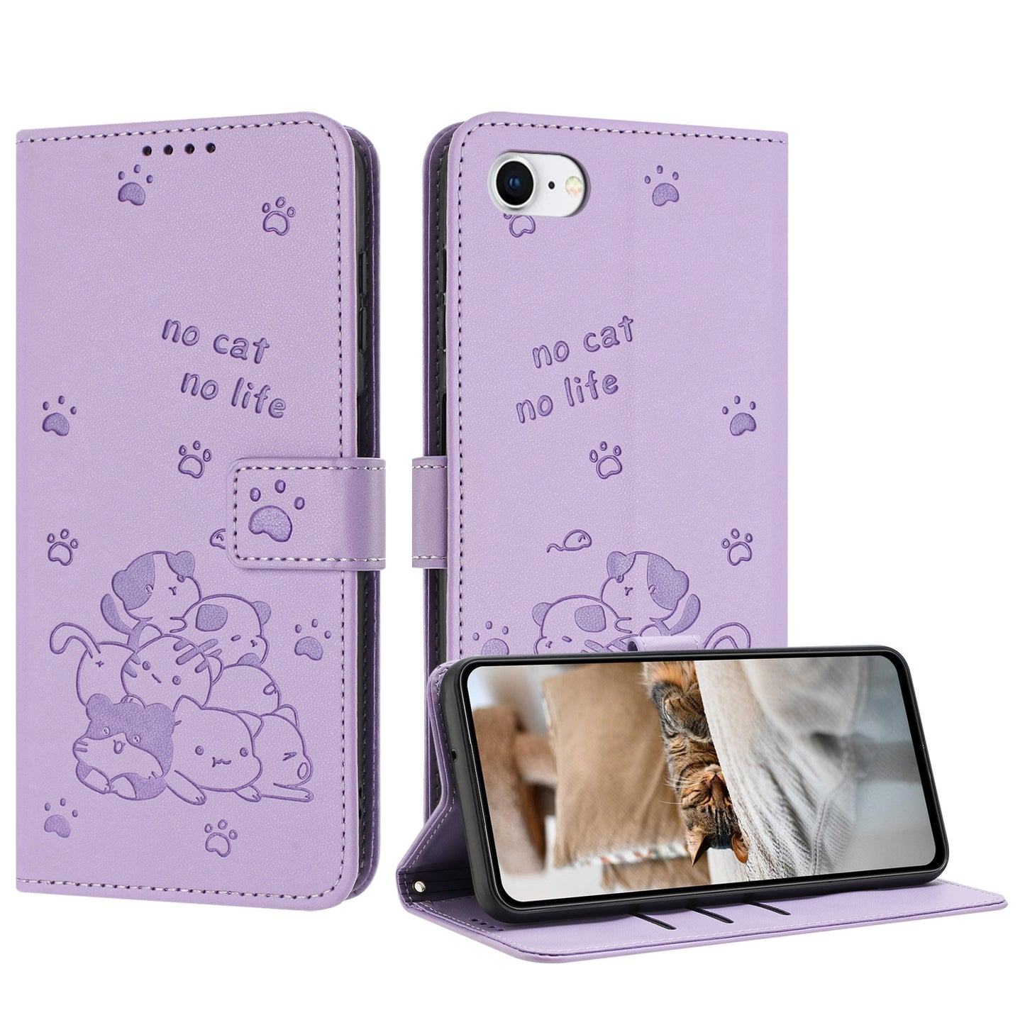 Apple iPhone SE 2020 Embossed Kitten PU Leather Wallet Case with Card Slots, Cash Pocket, Kickstand Function, Wrist Lanyard Strap, Full Protective TPU Flip Cover