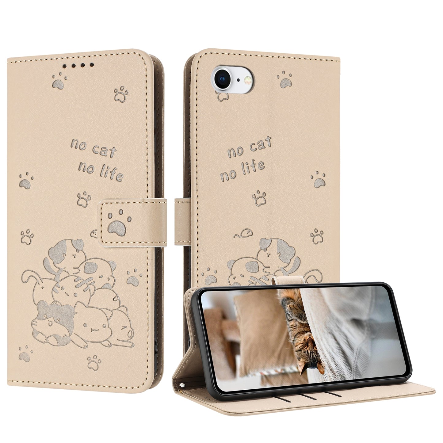 Apple iPhone SE 2020 Embossed Kitten PU Leather Wallet Case with Card Slots, Cash Pocket, Kickstand Function, Wrist Lanyard Strap, Full Protective TPU Flip Cover