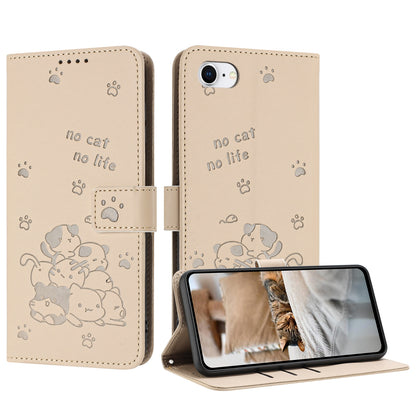 Apple iPhone SE 2020 Embossed Kitten PU Leather Wallet Case with Card Slots, Cash Pocket, Kickstand Function, Wrist Lanyard Strap, Full Protective TPU Flip Cover