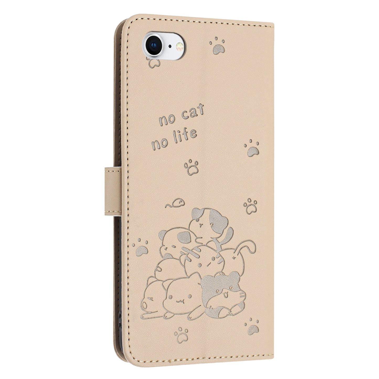Apple iPhone SE 2022 Embossed Kitten PU Leather Wallet Case with Card Slots, Cash Pocket, Kickstand Function, Wrist Lanyard Strap, Full Protective TPU Flip Cover