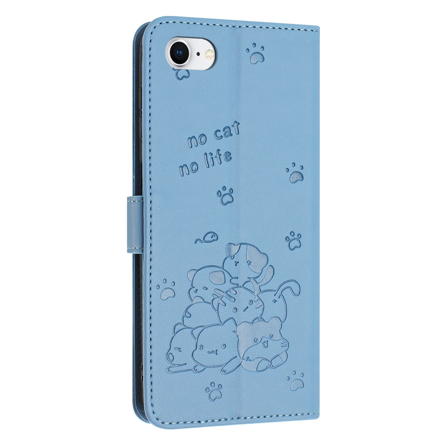 Apple iPhone SE 2022 Embossed Kitten PU Leather Wallet Case with Card Slots, Cash Pocket, Kickstand Function, Wrist Lanyard Strap, Full Protective TPU Flip Cover
