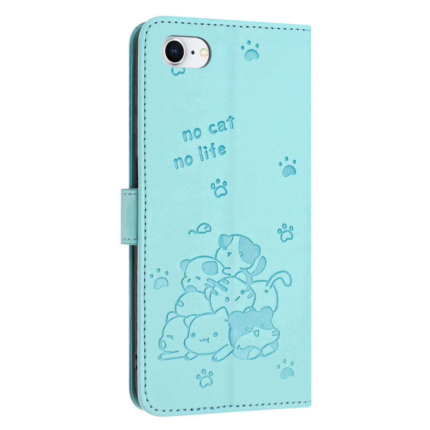 Apple iPhone SE 2020 Embossed Kitten PU Leather Wallet Case with Card Slots, Cash Pocket, Kickstand Function, Wrist Lanyard Strap, Full Protective TPU Flip Cover