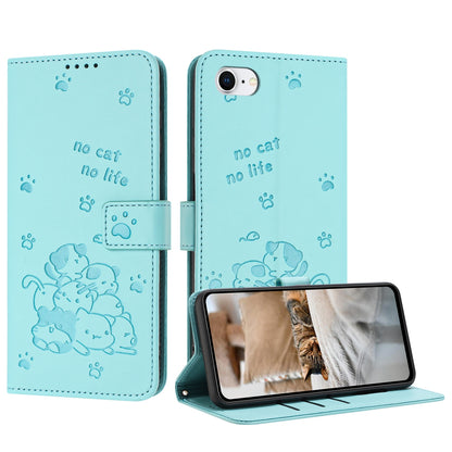 Apple iPhone SE 2020 Embossed Kitten PU Leather Wallet Case with Card Slots, Cash Pocket, Kickstand Function, Wrist Lanyard Strap, Full Protective TPU Flip Cover