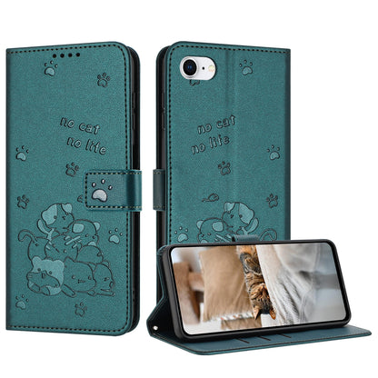 Apple iPhone SE 2022 Embossed Kitten PU Leather Wallet Case with Card Slots, Cash Pocket, Kickstand Function, Wrist Lanyard Strap, Full Protective TPU Flip Cover