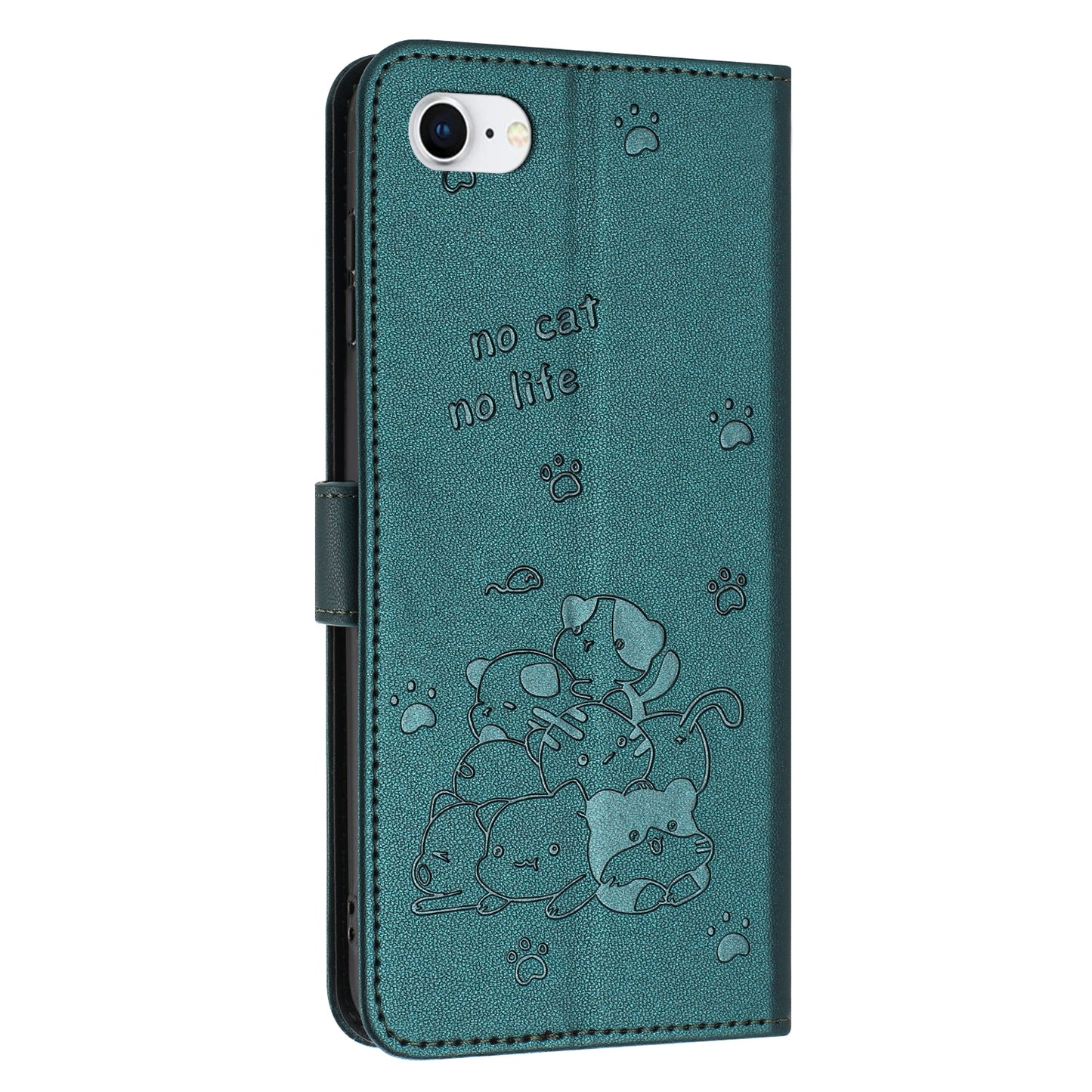 Apple iPhone SE 2020 Embossed Kitten PU Leather Wallet Case with Card Slots, Cash Pocket, Kickstand Function, Wrist Lanyard Strap, Full Protective TPU Flip Cover