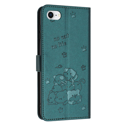Apple iPhone SE 2020 Embossed Kitten PU Leather Wallet Case with Card Slots, Cash Pocket, Kickstand Function, Wrist Lanyard Strap, Full Protective TPU Flip Cover