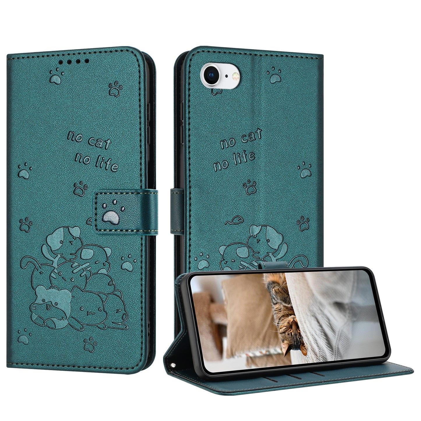 Apple iPhone SE 2020 Embossed Kitten PU Leather Wallet Case with Card Slots, Cash Pocket, Kickstand Function, Wrist Lanyard Strap, Full Protective TPU Flip Cover