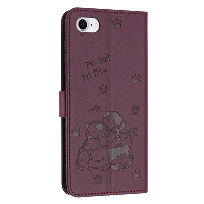 Apple iPhone SE 2022 Embossed Kitten PU Leather Wallet Case with Card Slots, Cash Pocket, Kickstand Function, Wrist Lanyard Strap, Full Protective TPU Flip Cover