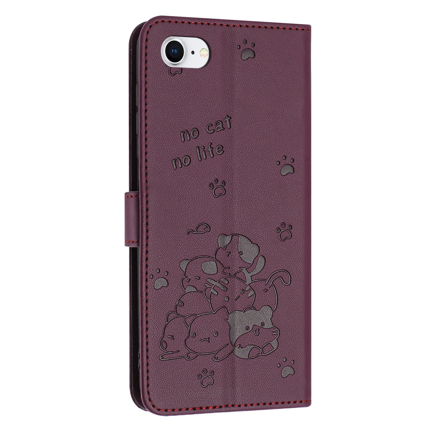 Apple iPhone SE 2020 Embossed Kitten PU Leather Wallet Case with Card Slots, Cash Pocket, Kickstand Function, Wrist Lanyard Strap, Full Protective TPU Flip Cover