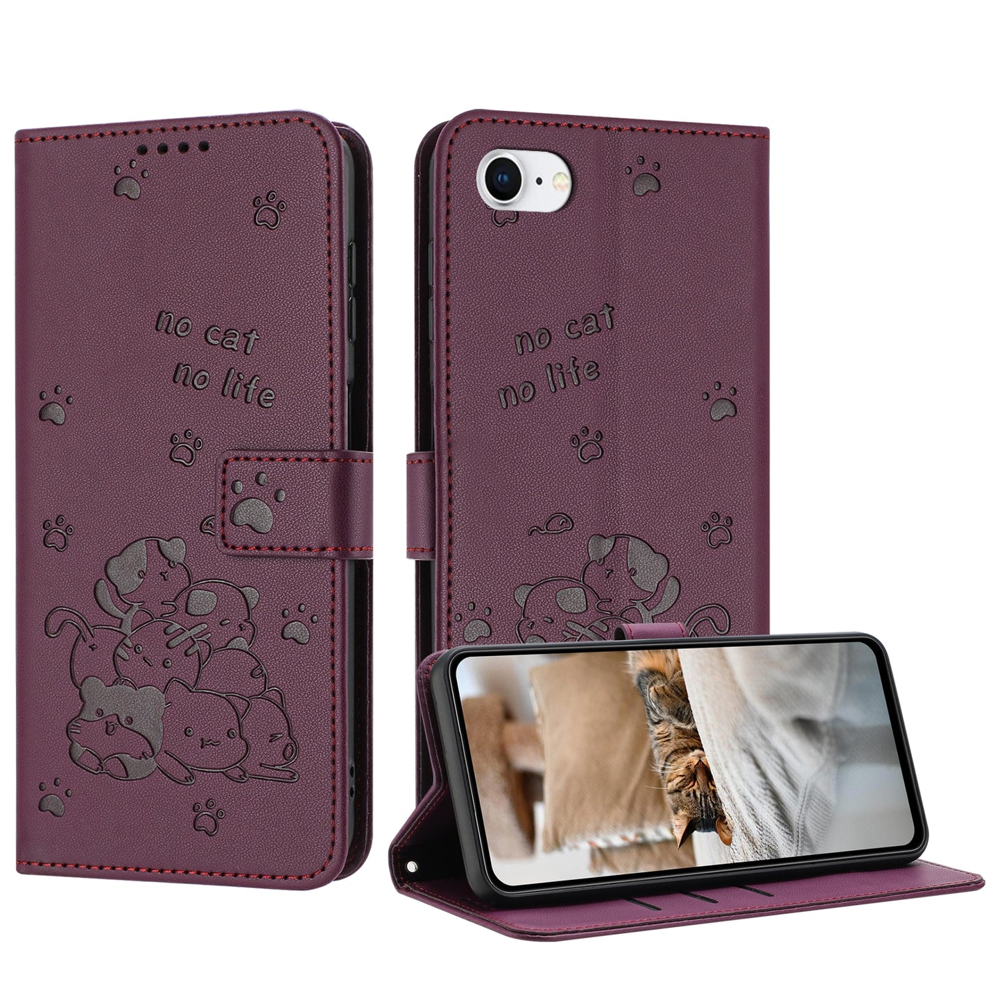 Apple iPhone SE 2020 Embossed Kitten PU Leather Wallet Case with Card Slots, Cash Pocket, Kickstand Function, Wrist Lanyard Strap, Full Protective TPU Flip Cover