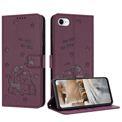 Apple iPhone SE 2020 Embossed Kitten PU Leather Wallet Case with Card Slots, Cash Pocket, Kickstand Function, Wrist Lanyard Strap, Full Protective TPU Flip Cover