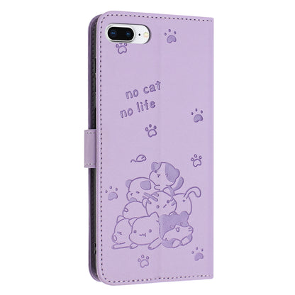 Apple iPhone 8 Plus Embossed Kitten PU Leather Wallet Case with Card Slots, Cash Pocket, Kickstand Function, Wrist Lanyard Strap, Full Protective TPU Flip Cover