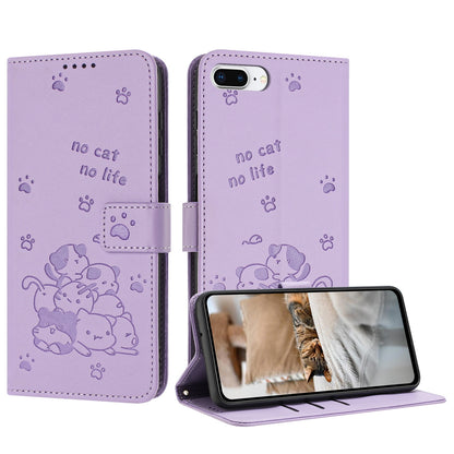 Apple iPhone 7 Plus Embossed Kitten PU Leather Wallet Case with Card Slots, Cash Pocket, Kickstand Function, Wrist Lanyard Strap, Full Protective TPU Flip Cover