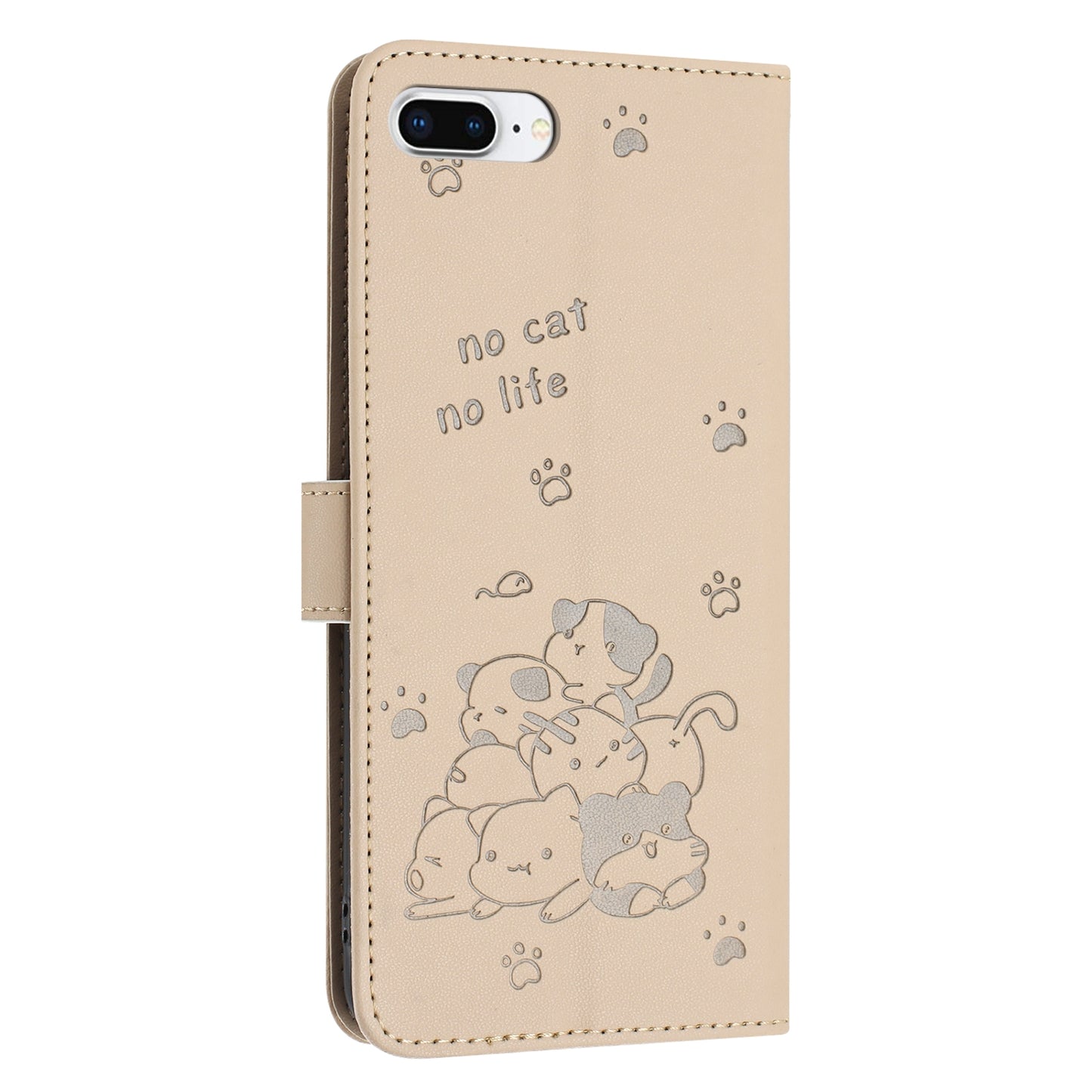 Apple iPhone 8 Plus Embossed Kitten PU Leather Wallet Case with Card Slots, Cash Pocket, Kickstand Function, Wrist Lanyard Strap, Full Protective TPU Flip Cover