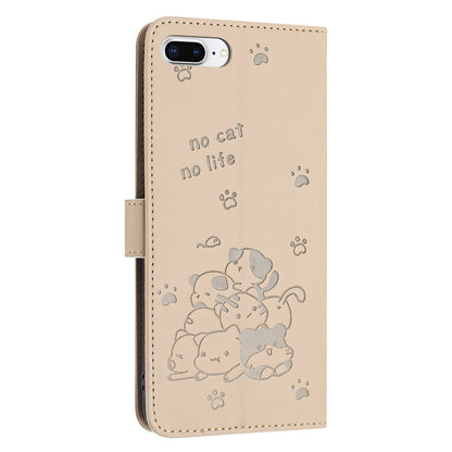 Apple iPhone 8 Plus Embossed Kitten PU Leather Wallet Case with Card Slots, Cash Pocket, Kickstand Function, Wrist Lanyard Strap, Full Protective TPU Flip Cover