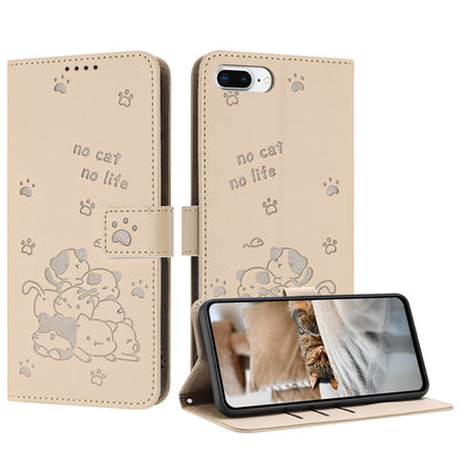 Apple iPhone 7 Plus Embossed Kitten PU Leather Wallet Case with Card Slots, Cash Pocket, Kickstand Function, Wrist Lanyard Strap, Full Protective TPU Flip Cover