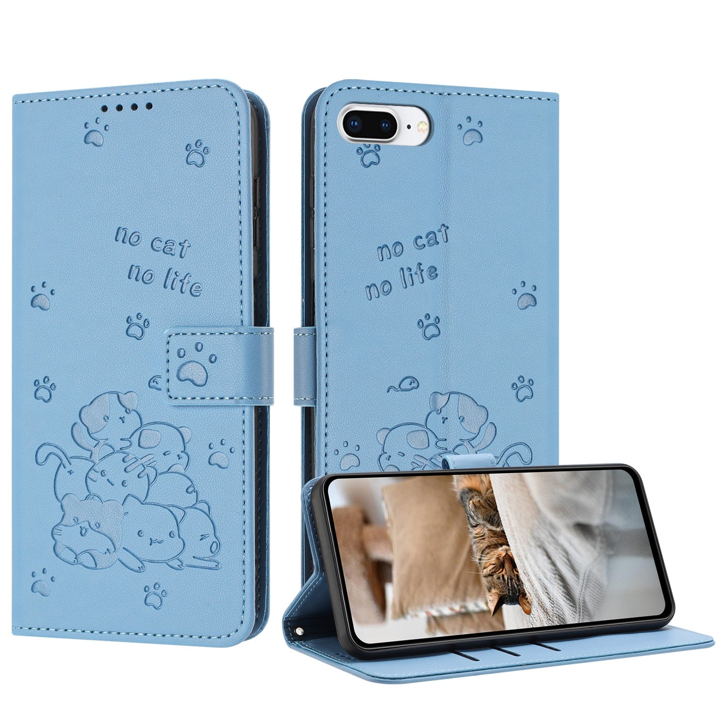 Apple iPhone 8 Plus Embossed Kitten PU Leather Wallet Case with Card Slots, Cash Pocket, Kickstand Function, Wrist Lanyard Strap, Full Protective TPU Flip Cover