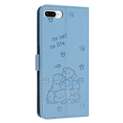 Apple iPhone 7 Plus Embossed Kitten PU Leather Wallet Case with Card Slots, Cash Pocket, Kickstand Function, Wrist Lanyard Strap, Full Protective TPU Flip Cover