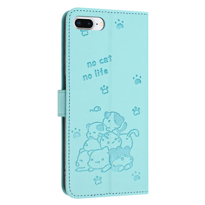 Apple iPhone 8 Plus Embossed Kitten PU Leather Wallet Case with Card Slots, Cash Pocket, Kickstand Function, Wrist Lanyard Strap, Full Protective TPU Flip Cover