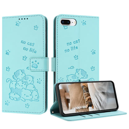Apple iPhone 7 Plus Embossed Kitten PU Leather Wallet Case with Card Slots, Cash Pocket, Kickstand Function, Wrist Lanyard Strap, Full Protective TPU Flip Cover