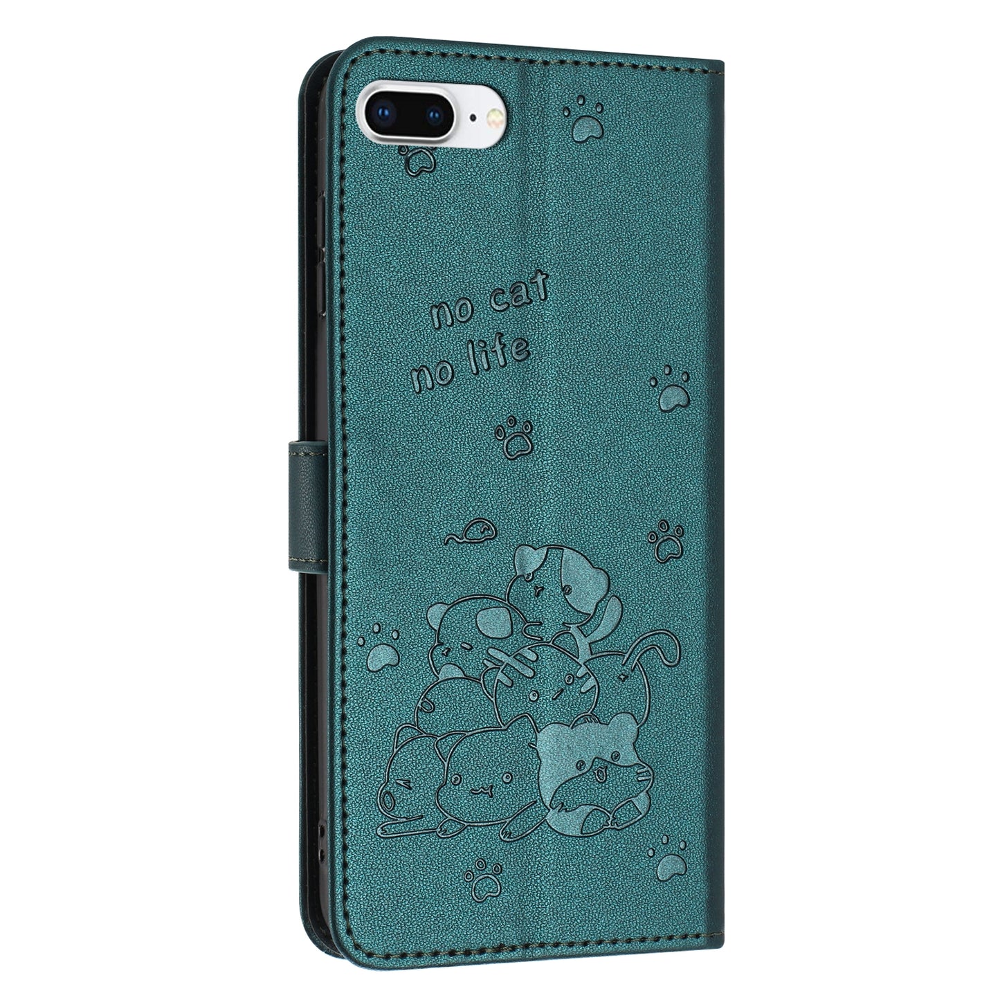Apple iPhone 8 Plus Embossed Kitten PU Leather Wallet Case with Card Slots, Cash Pocket, Kickstand Function, Wrist Lanyard Strap, Full Protective TPU Flip Cover