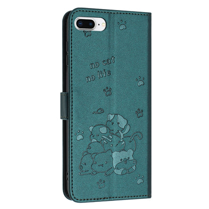 Apple iPhone 8 Plus Embossed Kitten PU Leather Wallet Case with Card Slots, Cash Pocket, Kickstand Function, Wrist Lanyard Strap, Full Protective TPU Flip Cover