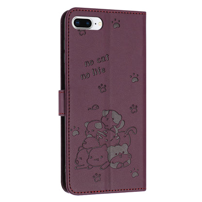 Apple iPhone 8 Plus Embossed Kitten PU Leather Wallet Case with Card Slots, Cash Pocket, Kickstand Function, Wrist Lanyard Strap, Full Protective TPU Flip Cover