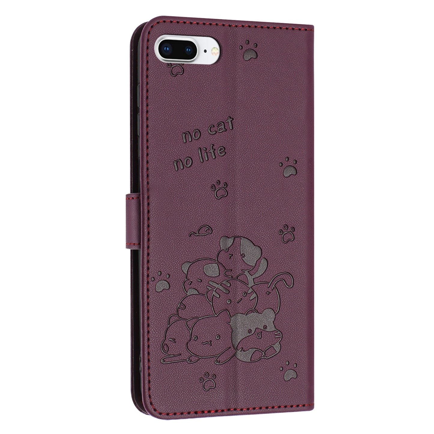 Apple iPhone 7 Plus Embossed Kitten PU Leather Wallet Case with Card Slots, Cash Pocket, Kickstand Function, Wrist Lanyard Strap, Full Protective TPU Flip Cover