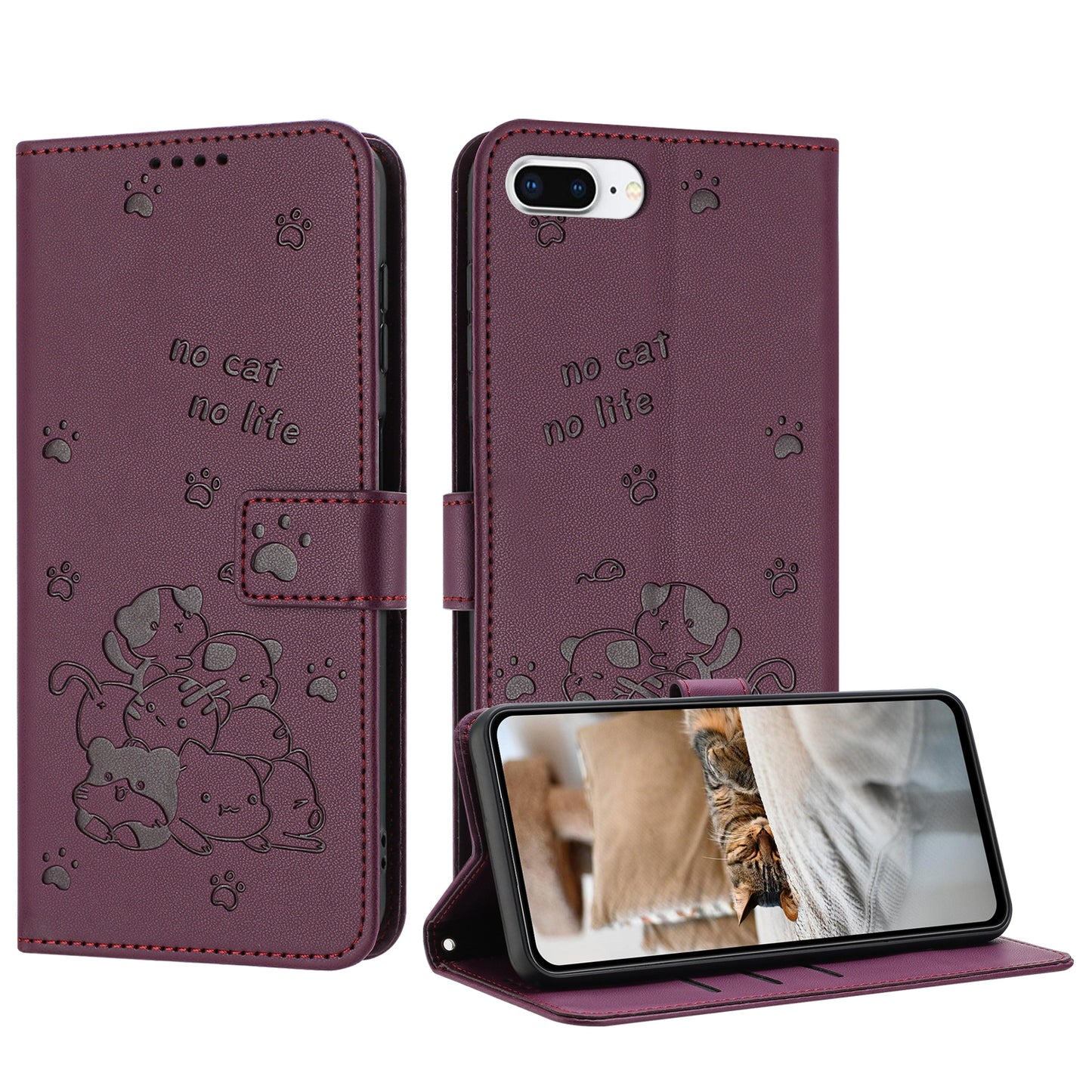 Apple iPhone 7 Plus Embossed Kitten PU Leather Wallet Case with Card Slots, Cash Pocket, Kickstand Function, Wrist Lanyard Strap, Full Protective TPU Flip Cover