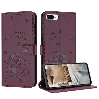 Apple iPhone 7 Plus Embossed Kitten PU Leather Wallet Case with Card Slots, Cash Pocket, Kickstand Function, Wrist Lanyard Strap, Full Protective TPU Flip Cover