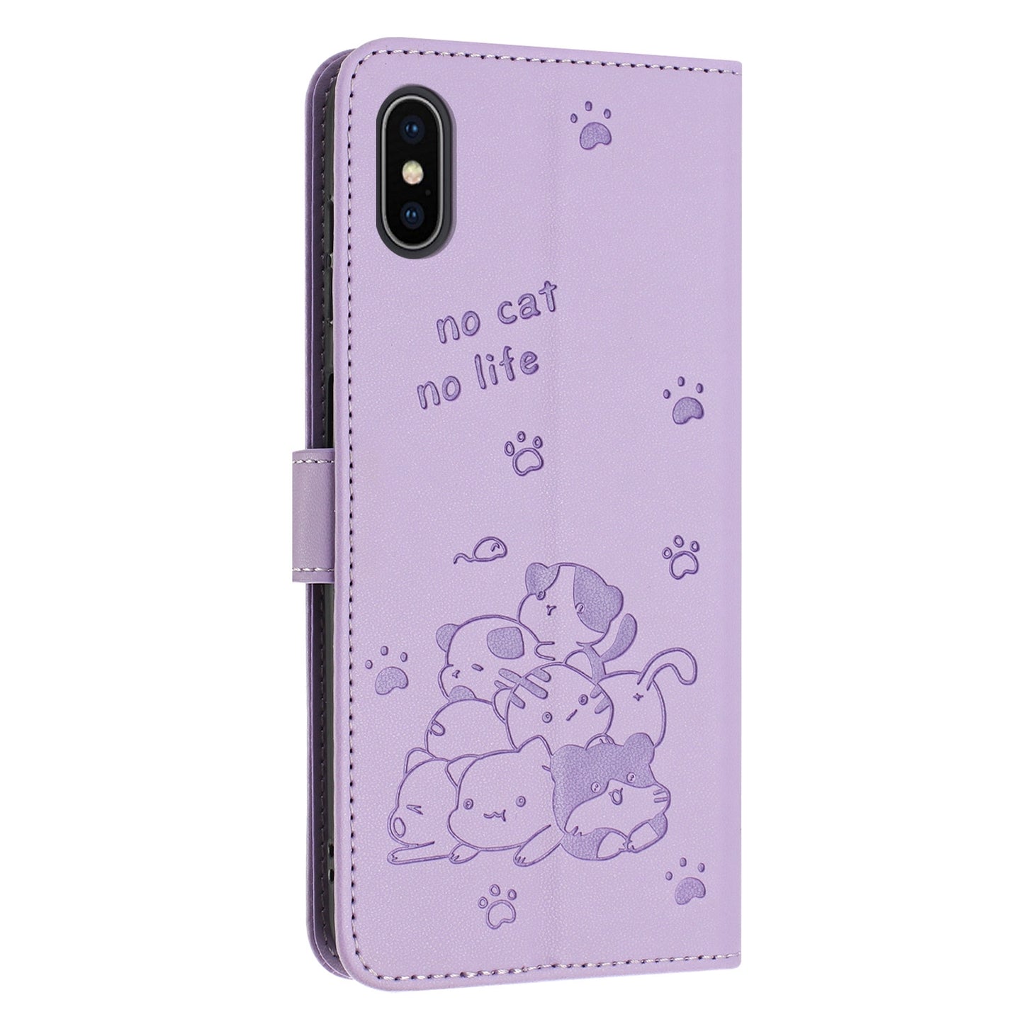 Apple iPhone XS Embossed Kitten PU Leather Wallet Case with Card Slots, Cash Pocket, Kickstand Function, Wrist Lanyard Strap, Full Protective TPU Flip Cover
