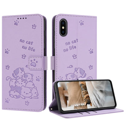 Apple iPhone X Embossed Kitten PU Leather Wallet Case with Card Slots, Cash Pocket, Kickstand Function, Wrist Lanyard Strap, Full Protective TPU Flip Cover
