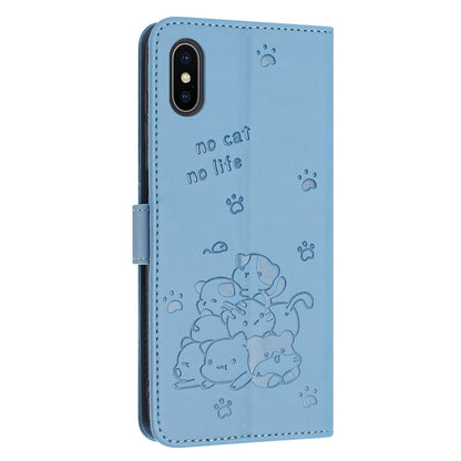 Apple iPhone X Embossed Kitten PU Leather Wallet Case with Card Slots, Cash Pocket, Kickstand Function, Wrist Lanyard Strap, Full Protective TPU Flip Cover
