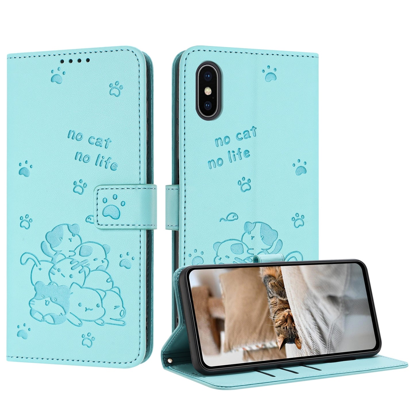 Apple iPhone XS Embossed Kitten PU Leather Wallet Case with Card Slots, Cash Pocket, Kickstand Function, Wrist Lanyard Strap, Full Protective TPU Flip Cover