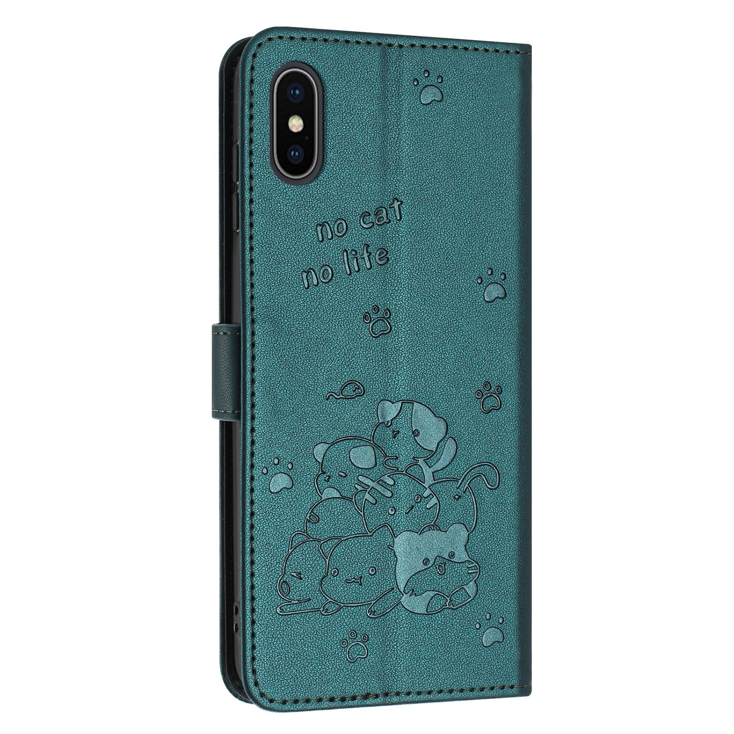 Apple iPhone XS Embossed Kitten PU Leather Wallet Case with Card Slots, Cash Pocket, Kickstand Function, Wrist Lanyard Strap, Full Protective TPU Flip Cover