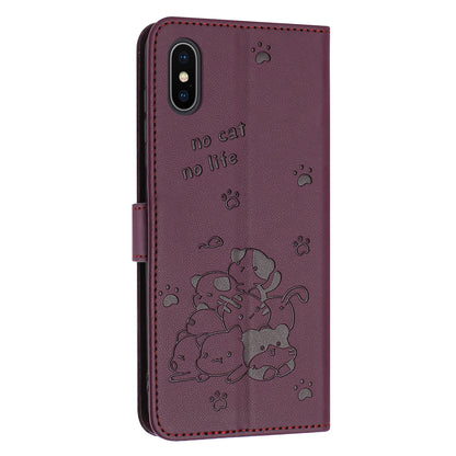 Apple iPhone XS Embossed Kitten PU Leather Wallet Case with Card Slots, Cash Pocket, Kickstand Function, Wrist Lanyard Strap, Full Protective TPU Flip Cover