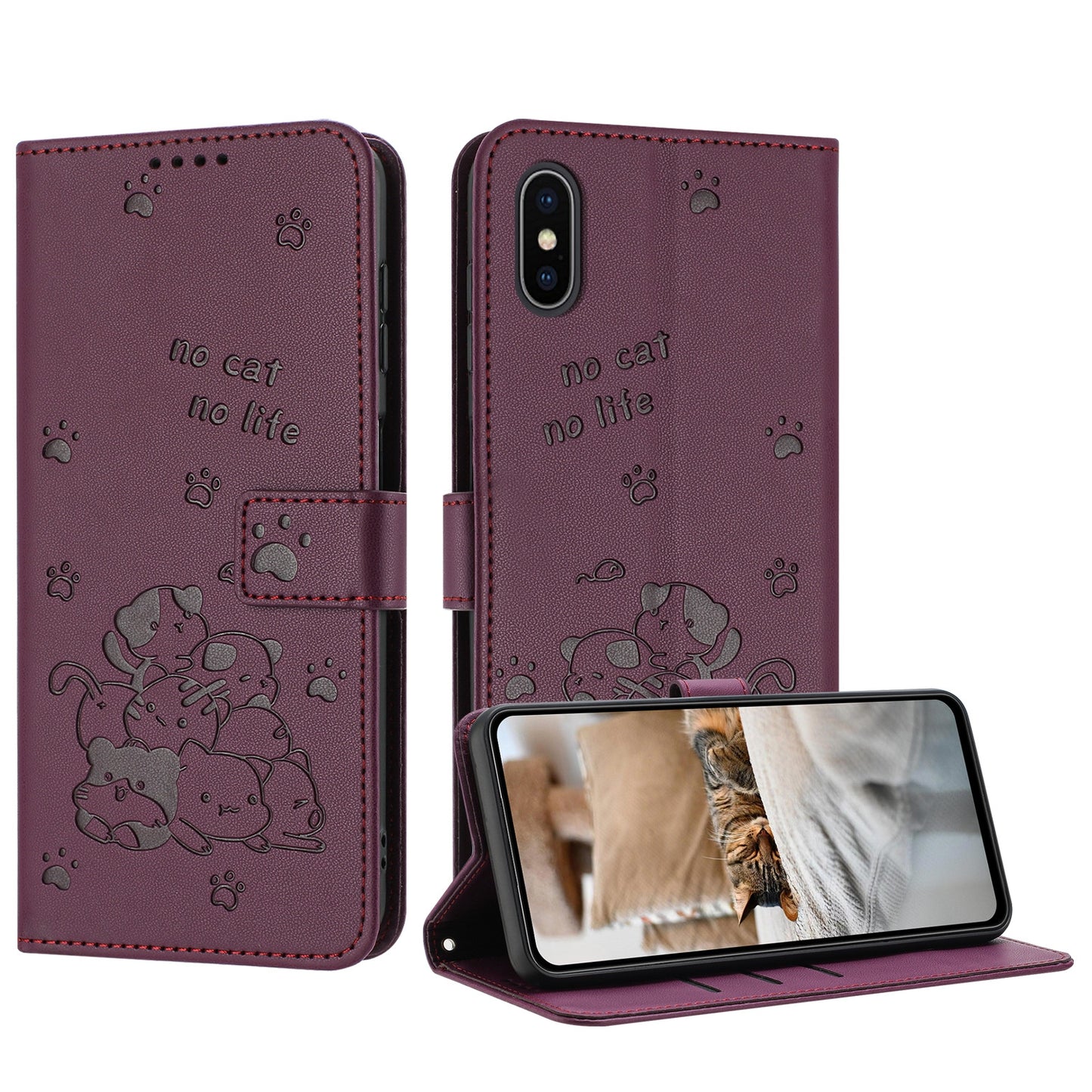 Apple iPhone X Embossed Kitten PU Leather Wallet Case with Card Slots, Cash Pocket, Kickstand Function, Wrist Lanyard Strap, Full Protective TPU Flip Cover