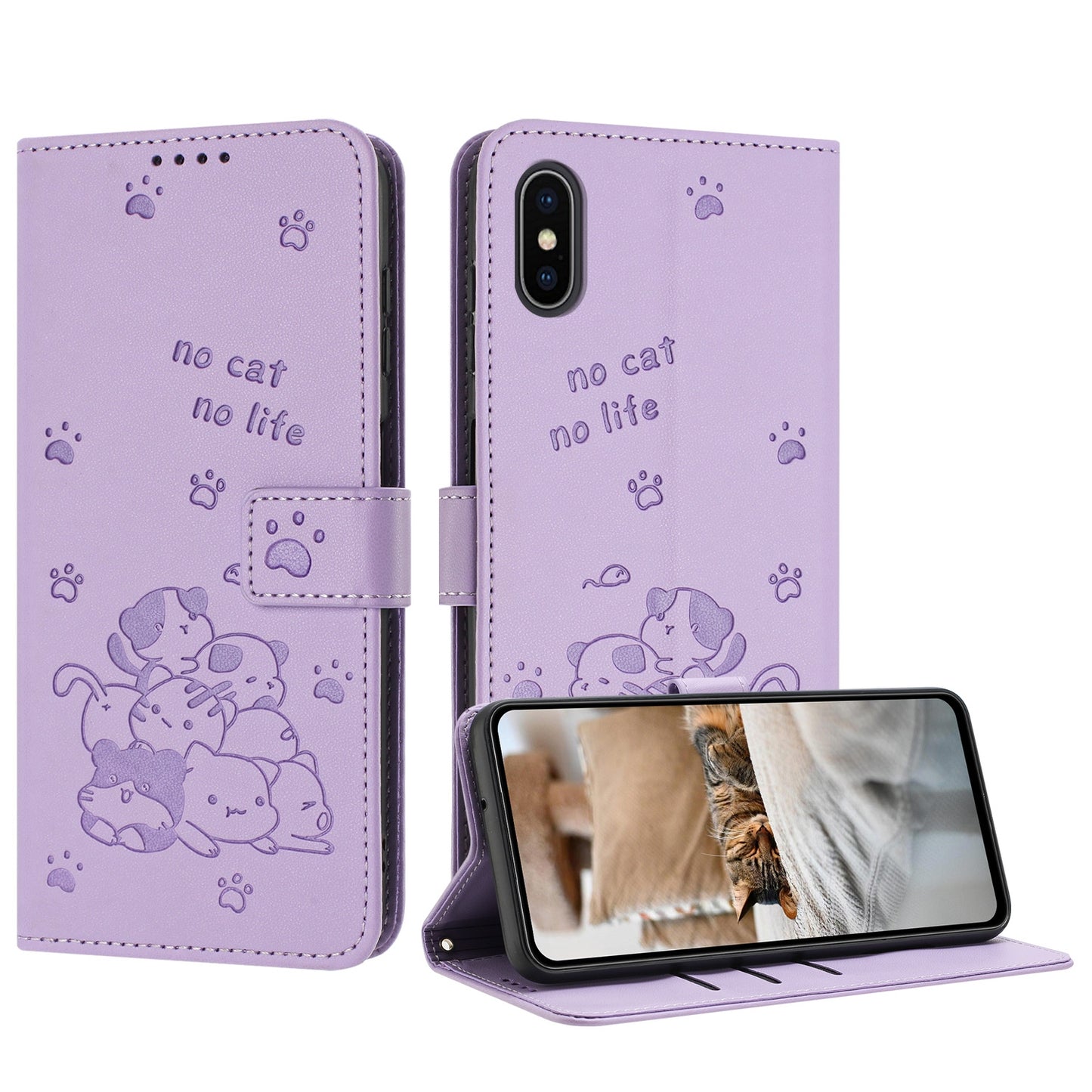 Apple iPhone XS Max Embossed Kitten PU Leather Wallet Case with Card Slots, Cash Pocket, Kickstand Function, Wrist Lanyard Strap, Full Protective TPU Flip Cover